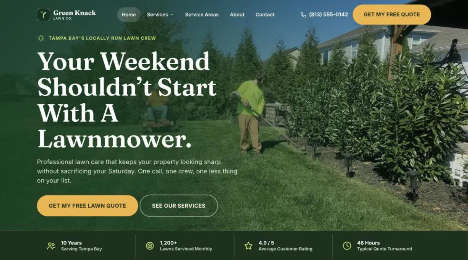 Green Knack Lawn Co. homepage showing the hero section, services navigation, and trust signals